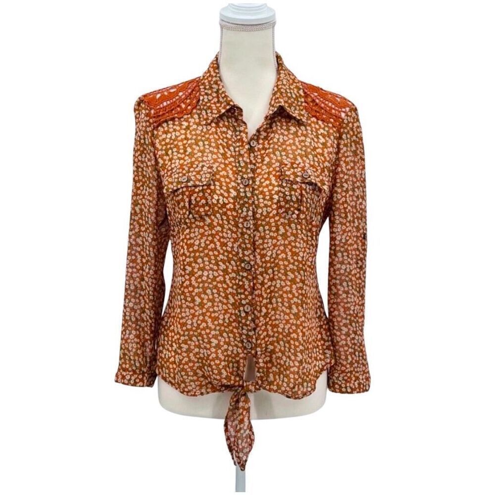 Mine Top Blouse Floral Cropped Crochet Orange Size L Y2K